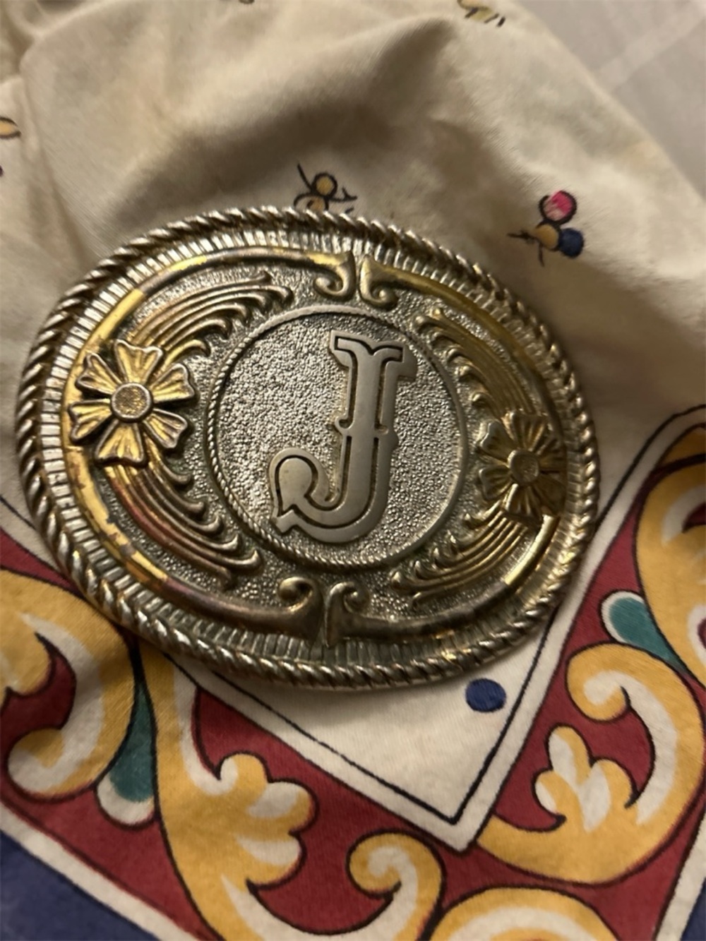 Ornate Initial 'J' Western Belt Buckle in Gold & Silver Two-Tone Metal 4’X3.25